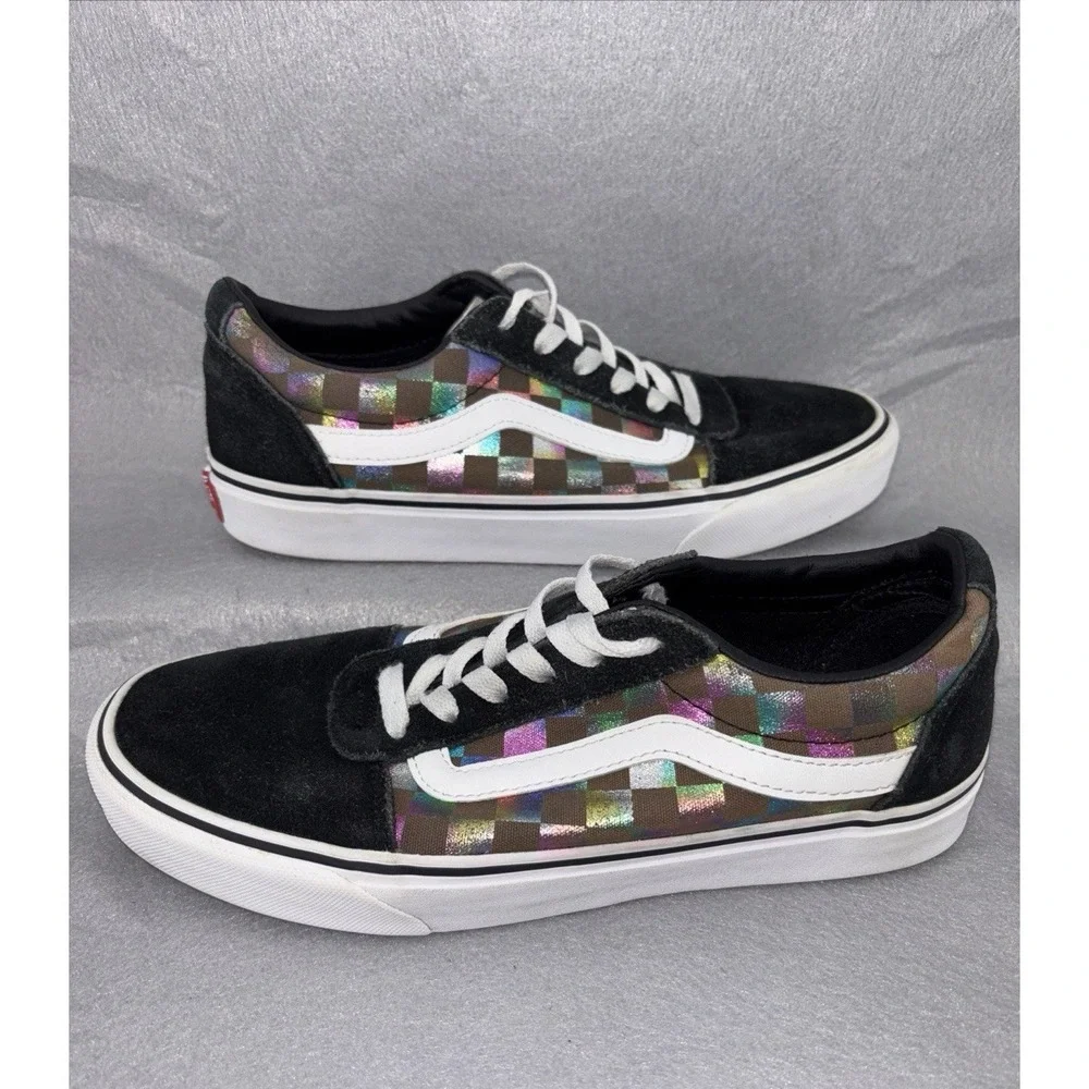 Vans Ward Women's Size 8.5 Iridescent Check Skate Shoes 500714 Rainbow Blk Wht‎